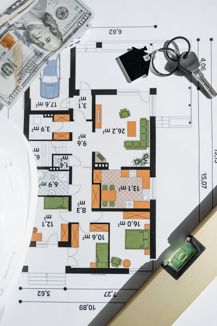 who-we-are-img Overhead view of a house floor plan with keys and cash, symbolizing real estate investment.